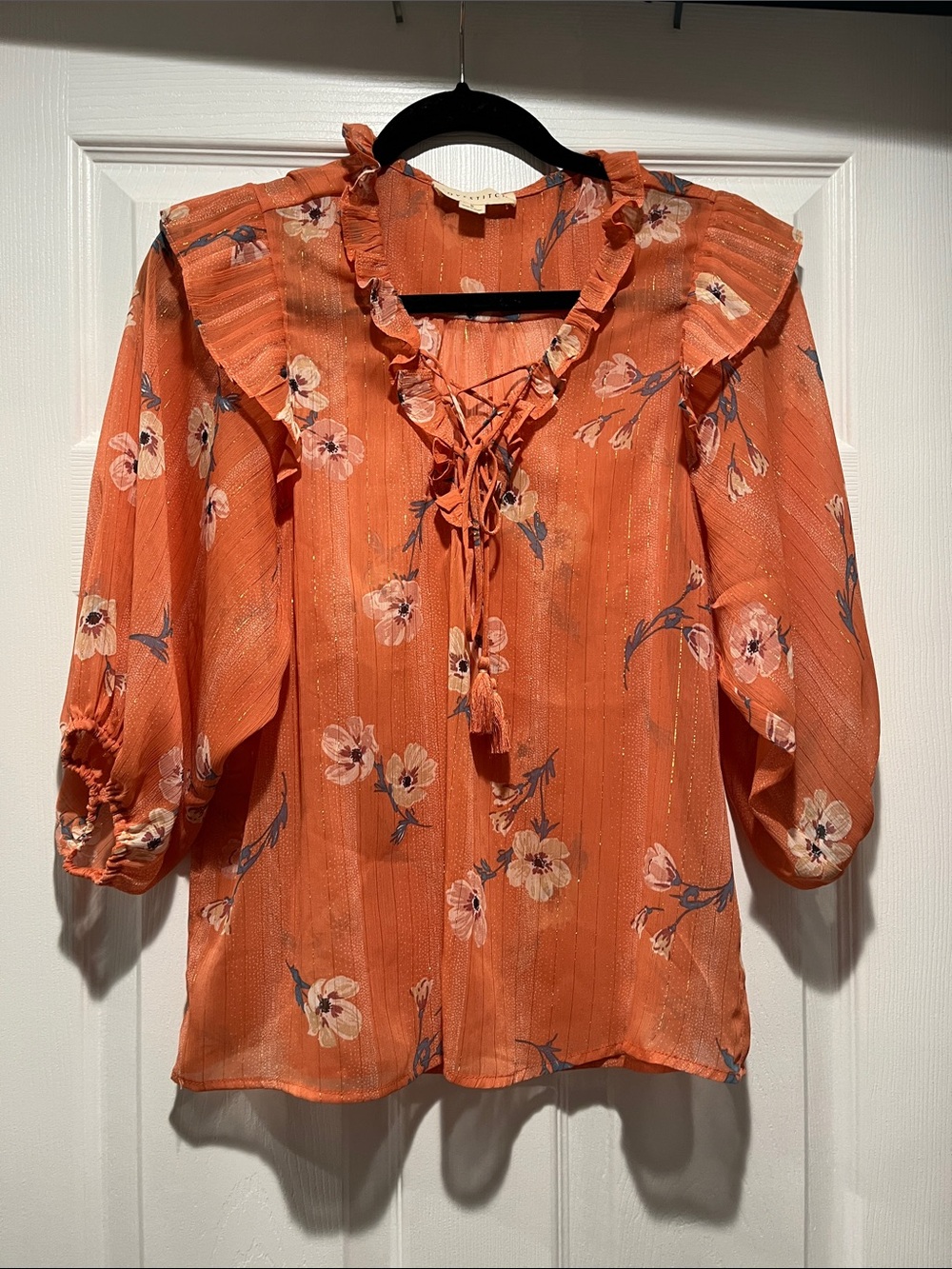 lovestitch Orange Floral Lace-Up Ruffle Blouse NWOT
